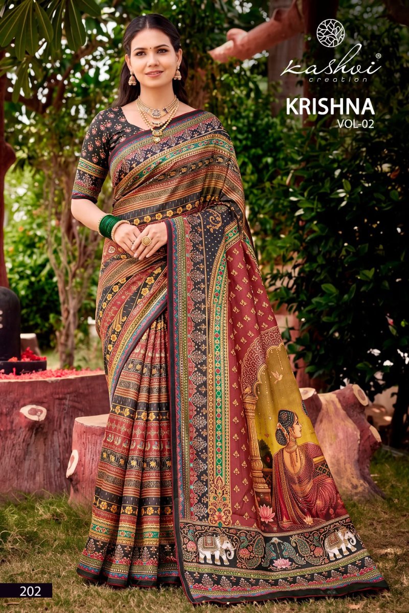 Krishna Vol 2 By Kashvi Chocolate Digital Print Glass Work Saree 